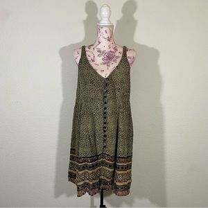 Riva sz:L Patterned Green/Tan Button Down Mini Dress or Tunic Tank Vintage Piece